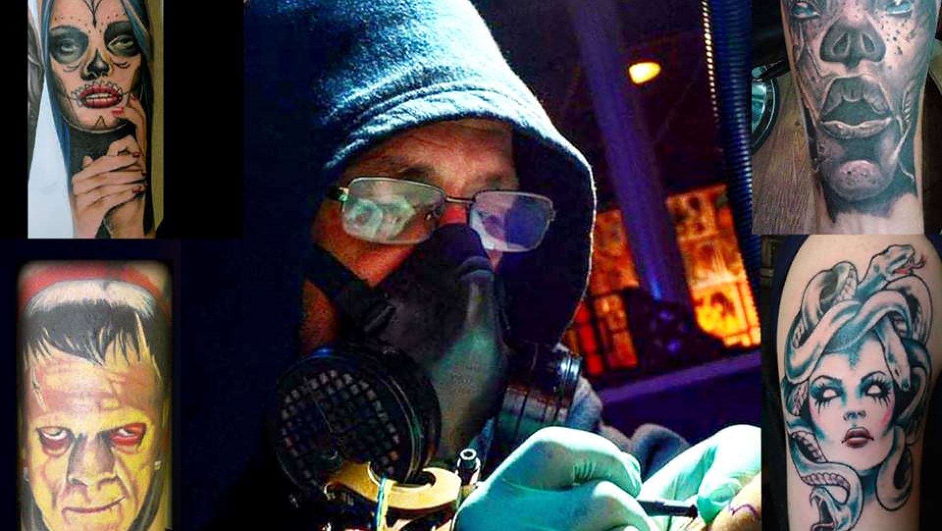 Central figure in a hoodie wearing a mask and glasses, surrounded by tattooed arms and colorful artwork in a collage.