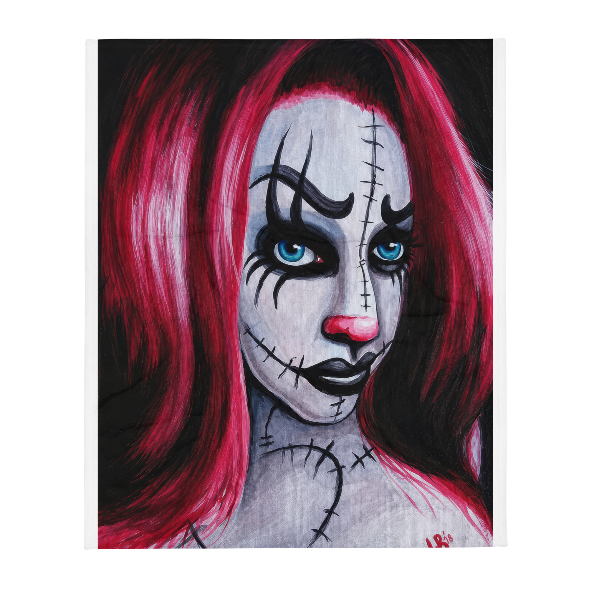 Close-up painted portrait of a stitched zombie-like face with bright pink hair and blue eyes