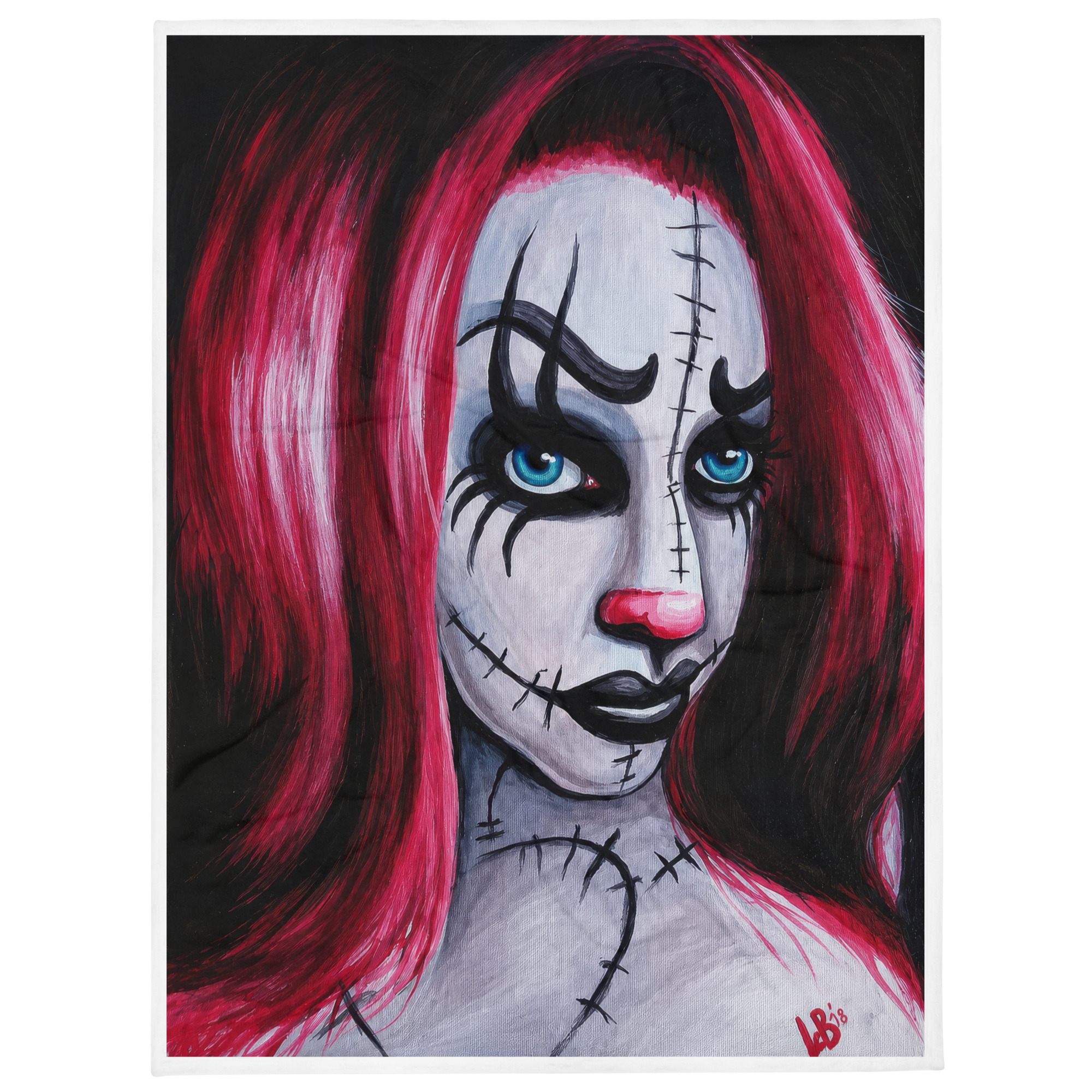 Close-up of a painted, stitched face with bright red hair and piercing blue eyes against a dark background, artwork.
