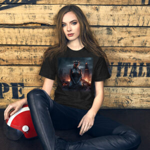 Young woman with long hair sits against a wooden wall, wearing a black graphic T‑shirt with a red and white helmet resting on her knee.