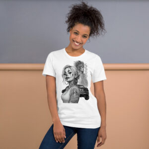 Smiling woman wearing a white graphic t-shirt, standing against a gray-to-peach backdrop.